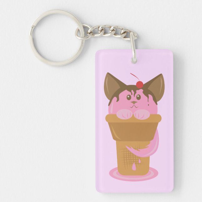 Porte-clés Chat à crème glacée fraise (Devant)