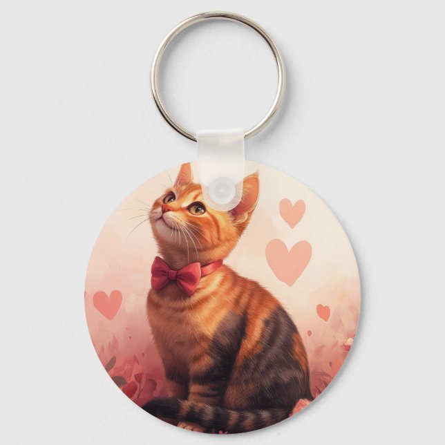Porte-clés Chat Abyssin avec des Roses - Saint-Valentin (Recto)