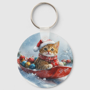 Porte-clés Chat abyssin en traîneau Laissez neige Noël