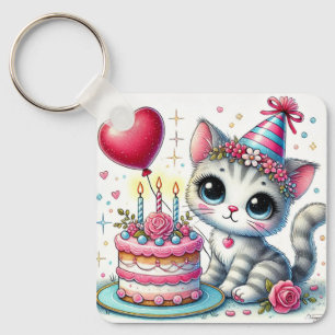 Porte-clés Chat adorable célébrant son anniversaire avec un g