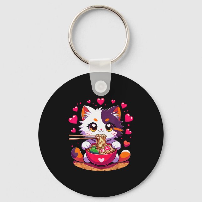 Porte-clés Chat Anime Mangeant des Nouilles Ramen Avec des Cœ (Recto)