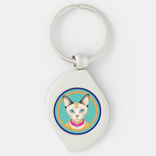 Porte-clés Chat aux yeux saisissants par miroir circulaire (Devant)