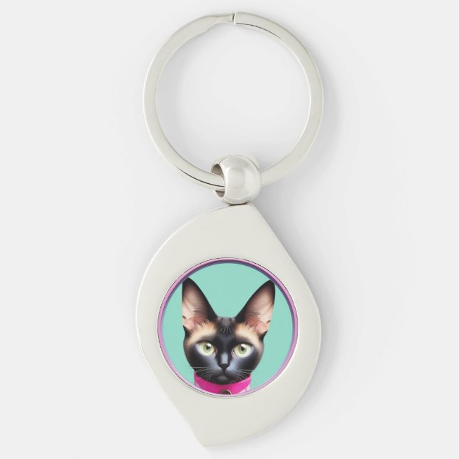Porte-clés Chat aux yeux saisissants par miroir circulaire (Devant)