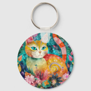 Porte-clés Chat aux yeux verts entouré d'un ensemble de fleur