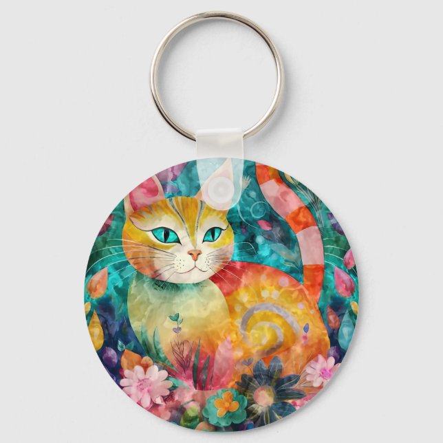 Porte-clés Chat aux yeux verts entouré d'un ensemble de fleur (Recto)