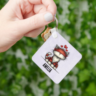 Porte-clés Chat avec des cœurs rouges mignon et amusant