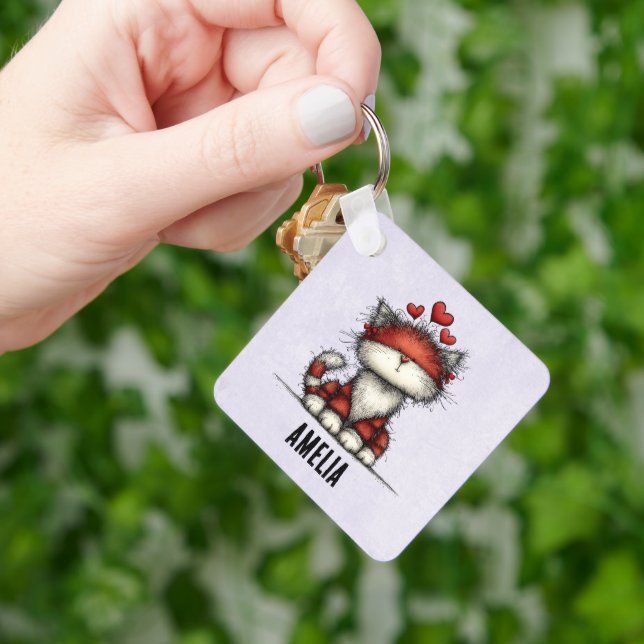 Porte-clés Chat avec des cœurs rouges mignon et amusant (main)