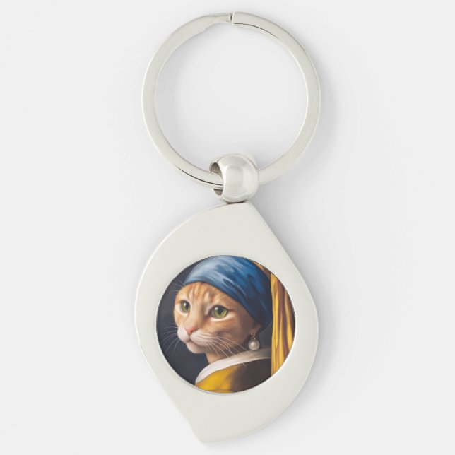 Porte-clés Chat avec une oreille de perle | Funny Vermeer Par (Devant)