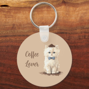 Porte-clés Chat Blanc Amateur De Café Crème Arc Bleu Haricot