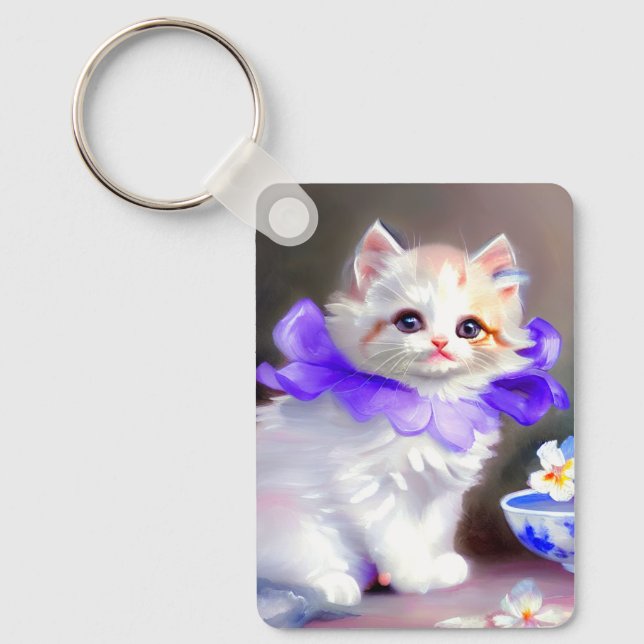 Porte-clés Chat blanc avec collier de fleurs violettes (Recto)