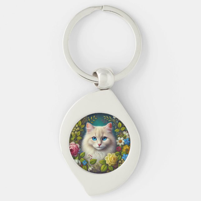 Porte-clés Chat Blanc Avec Des Yeux Bleus (Devant)