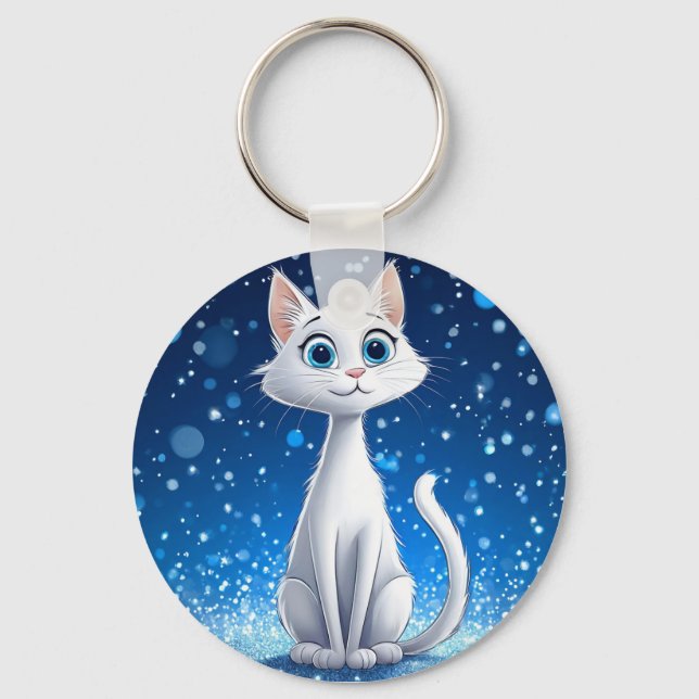 Porte-clés Chat blanc charmant avec de grands yeux bleus (Recto)