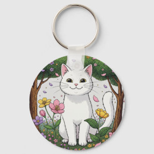 Porte-clés Chat blanc dans un jardin coloré