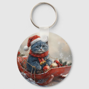 Porte-clés Chat bleu oriental en traîneau Laissez la neige No