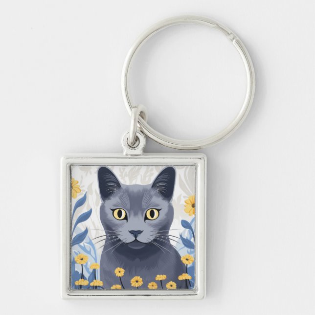 Porte-clés Chat Bleu Russe Fleurs Jaunes (Devant)