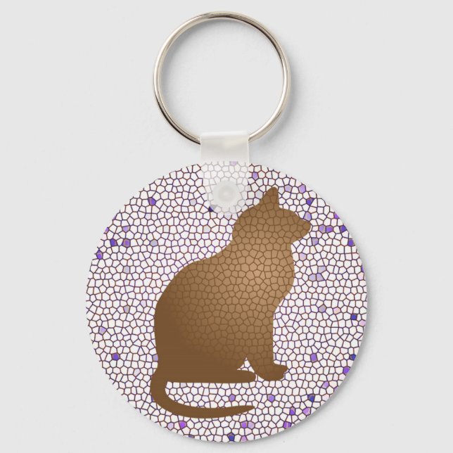 Porte-clés Chat Brown en mosaïque avec verre pourpre (Recto)