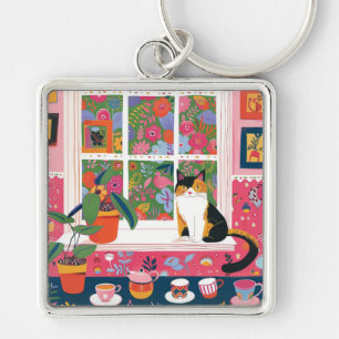 Porte-clés Chat calicot sur appui de fenêtre Pop Art
