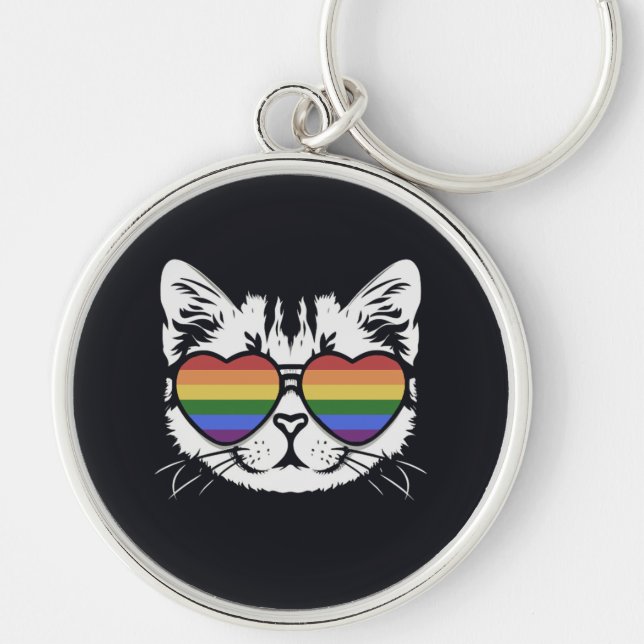 Porte-clés Chat cool avec lunettes de drapeau LGBT Fierté (Devant)