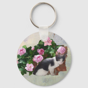 Porte-clés Chat dans l'arbuste de rose