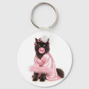 Porte-clés Chat dans une robe rose avec bigoudis et bubble-gu
