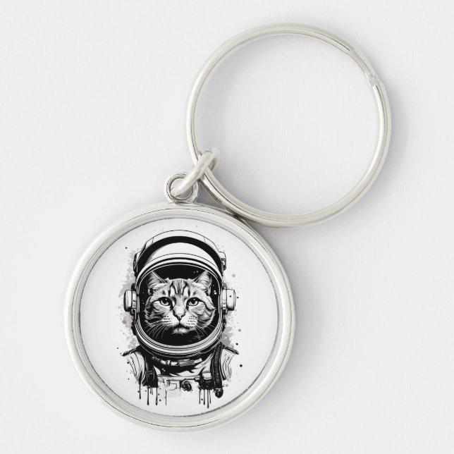 Porte-clés Chat d'astronaute noir et blanc (Devant)