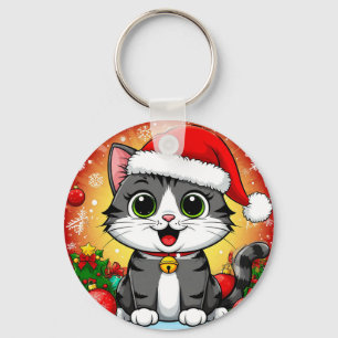 Porte-clés Chat de dessin animé en chapeau de Père Noël avec