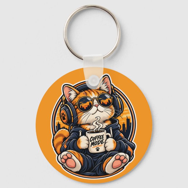 Porte-clés Chat de la mode urbaine cool buvant du café (Recto)