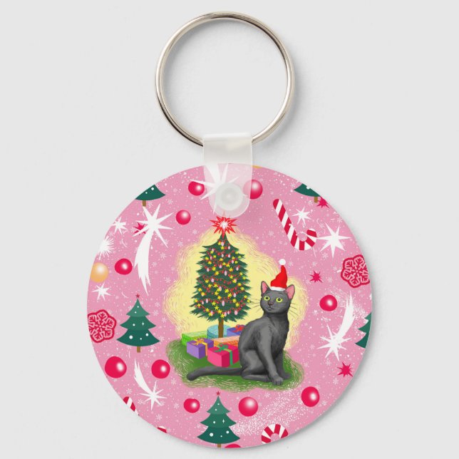 Porte-clés Chat de Noël rose (Recto)