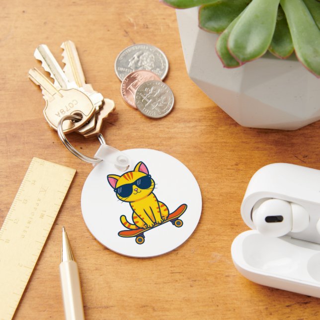 Porte-clés Chat de skateboard cool portant des lunettes de so (Bureau)