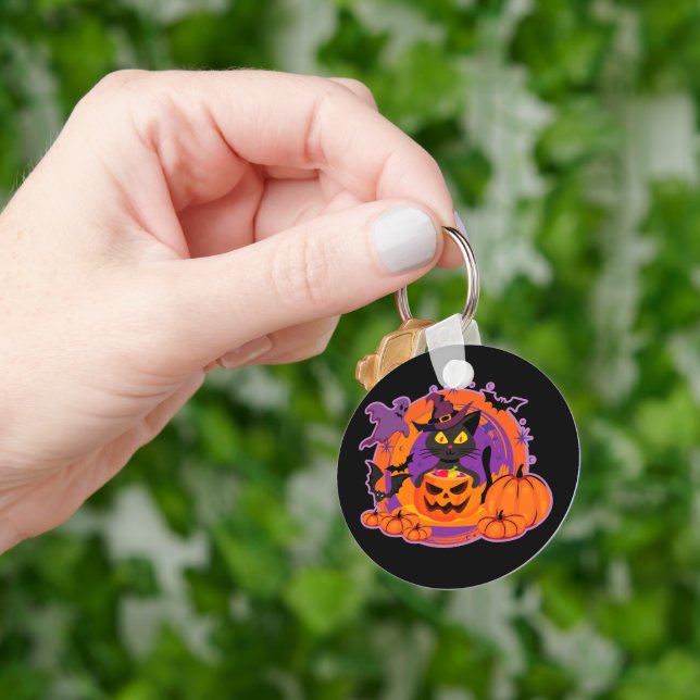 Porte-clés Chat D'Halloween Et Citrouilles (main)