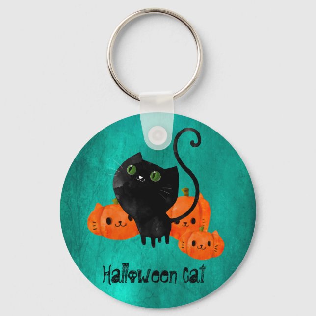 Porte-clés Chat d'Halloween mignon avec citrouilles (Recto)