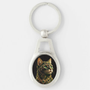Porte-clés Chat Doré Yeux Verts Élégant Art