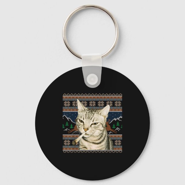 Porte-clés Chat drôle fumeur Mème Noël Sweat Ugly Chat (Recto)