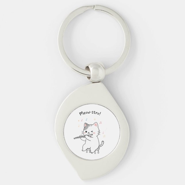 Porte-clés chat drôle jouant de la flûte  (Devant)