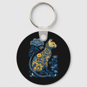 Porte-clés Chat d'Ukraine Floral Vintage Drapeau Ukrainien Et