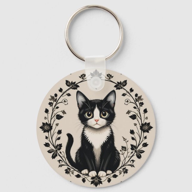 Porte-clés Chat élégant noir et blanc (Recto)