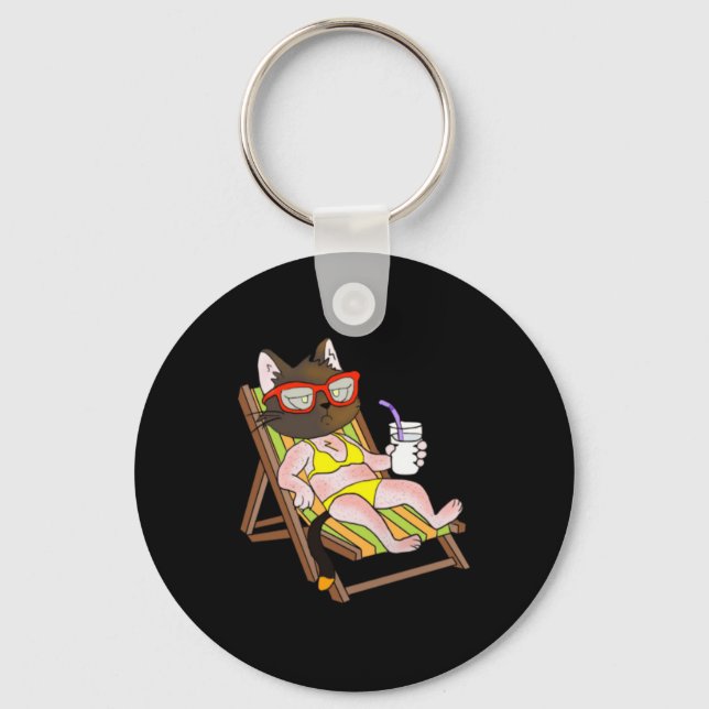 Porte-clés Chat en bikini sur chaise de plage en train de boi (Recto)