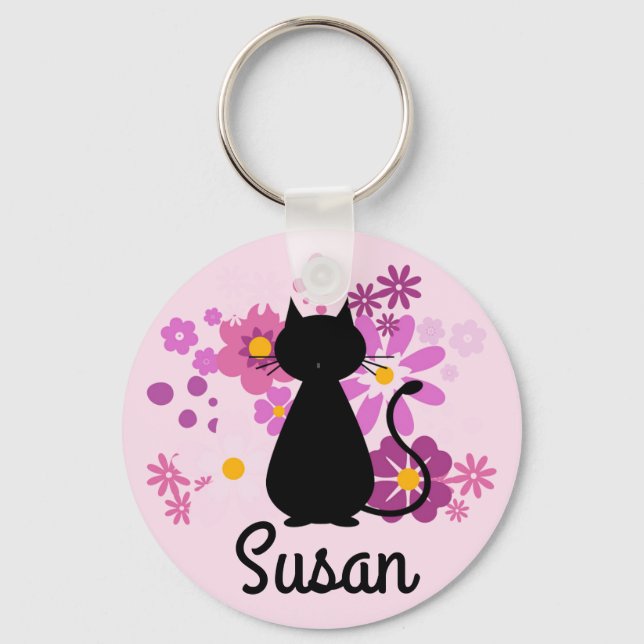 Porte-clés Chat en Fleurs Roses Bague Clé (Recto)