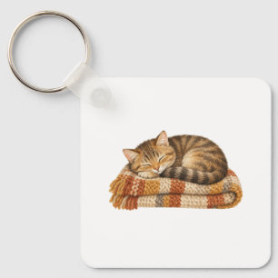 Porte-clés Chat endormi sur une couverture tricotée