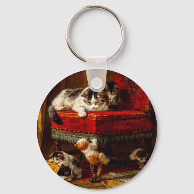 Porte-clés Chat et chatons Jouer avec chaise (Recto)