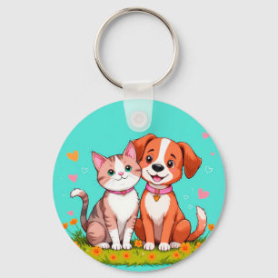 Porte-clés Chat et chien de dessin animé mignons assis ensemb