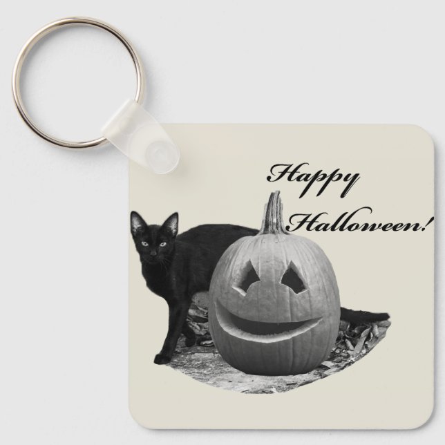 Porte-clés Chat et Citrouille Halloween heureux (Recto)