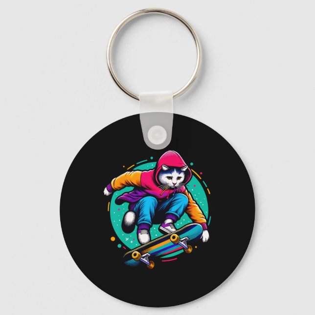 Porte-clés Chat funky cool Illustration amateur de skateboard (Recto)