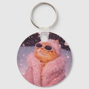 Porte-clés Chat Glam Money en manteau de fourrure rose et lun