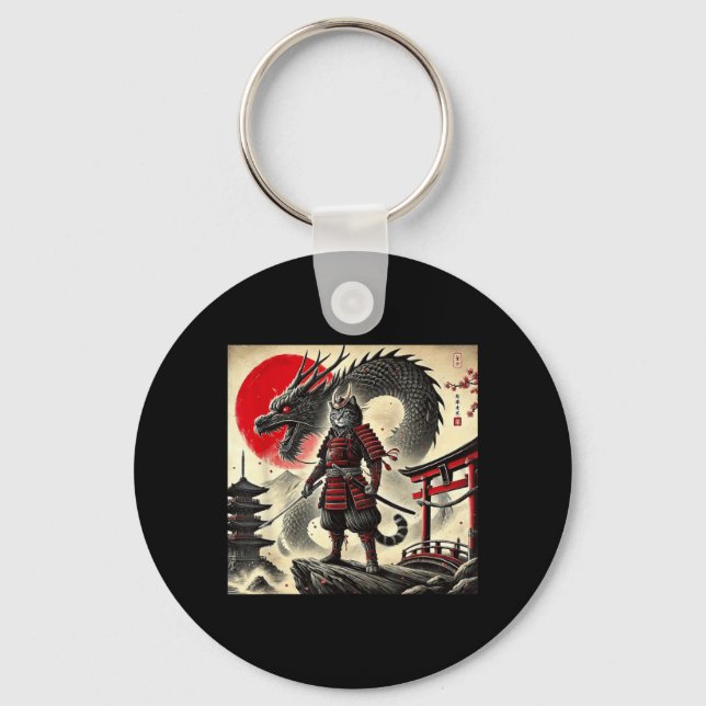 Porte-clés Chat Graphique Guerrier Samouraï Chat Ninja Japona (Recto)