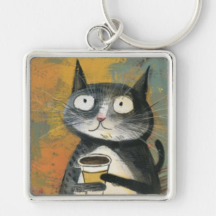 Porte-clés Chat gris avec du café sur fond ocre