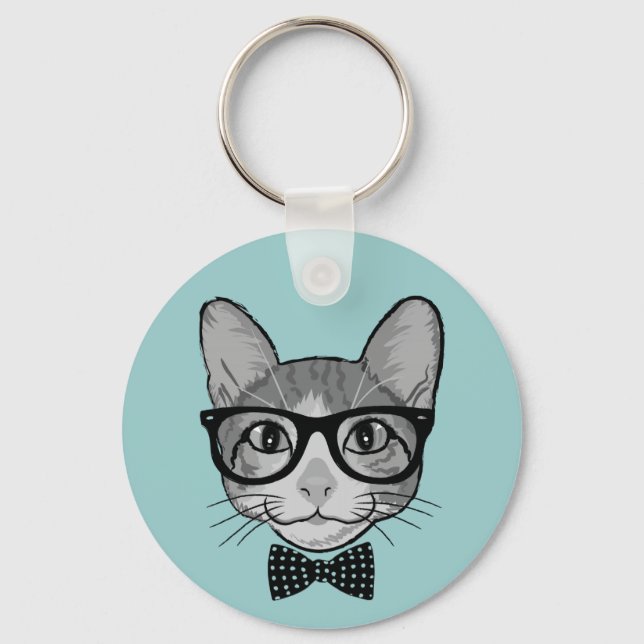 Porte-clés Chat Hipster avec nœud papillon à pois (Recto)