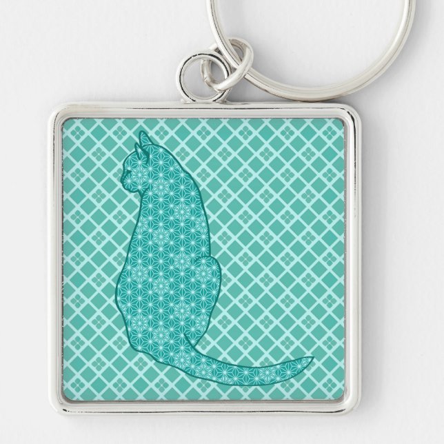 Porte-clés Chat japonais - Kimono turquoise (Devant)