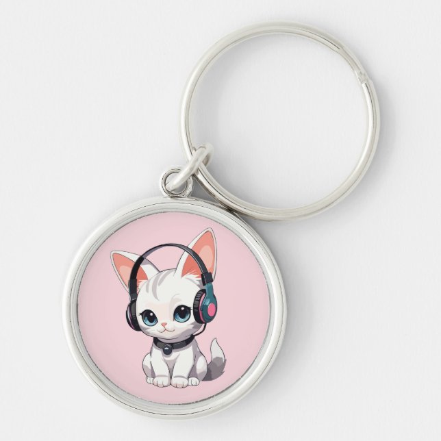 Porte-clés Chat Kawaii avec des écouteurs à la mode (Devant)