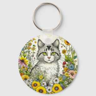 Porte-clés Chat Kitty personnalisé assis en fleurs
